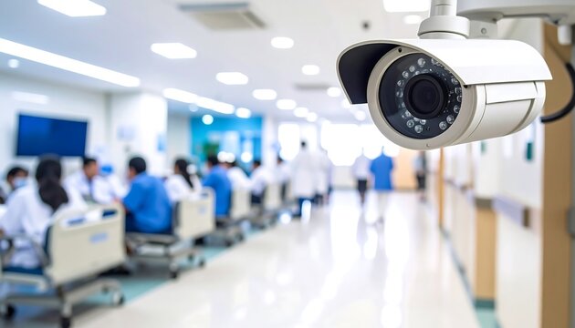Security camera in a hospital hallway. Blurred figures of medical staff in the background