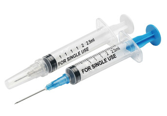 Two transparent plastic medical syringes with black 2.5ml markings, one with clear cap, one with exposed metallic needle and blue hub, labeled 'FOR SINGLE USE', on transparent. Concept of medical