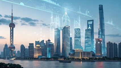 Futuristic shanghai skyline with digital data overlays at dusk