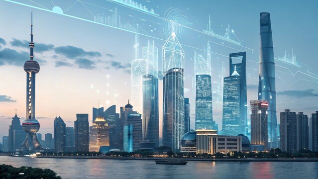 Futuristic shanghai skyline with digital data overlays at dusk