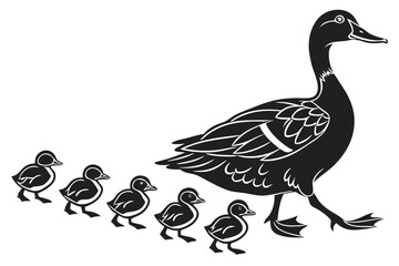 Mother duck and ducklings walking in a line