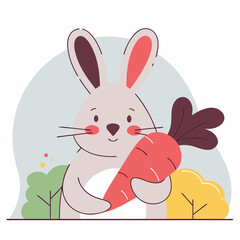 Rabbit holding a big carrot with trees in a colorful garden  
