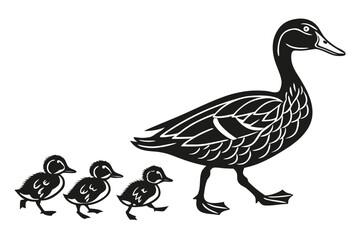 Mother duck and ducklings walking in a line