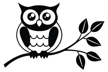 Cute black and white cartoon owl perched on a branch