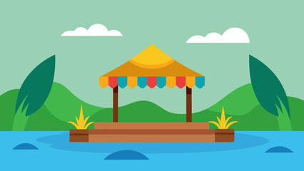Obraz premium jungle river birthday raft with decorated hut