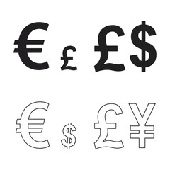 Currency Symbols Collection Euro Pound Dollar and Yen in Solid and Outline