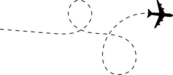 Airplane line path icon of air plane flight route with start point and dash dotted line trace. Love travel route. Airplane routes. Travel icon.