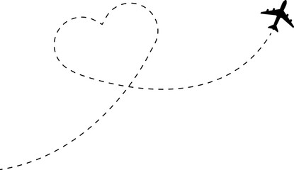 Fototapeta premium Airplane line path icon of air plane flight route with start point and dash dotted line trace. Love travel route. Airplane routes. Travel icon.