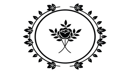 Vector art of black rose and leaves in a circular frame, botanical design element, isolated on white background.