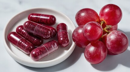 Glossy white plates display resveratrol capsules and fresh red grapes on clean backdrop