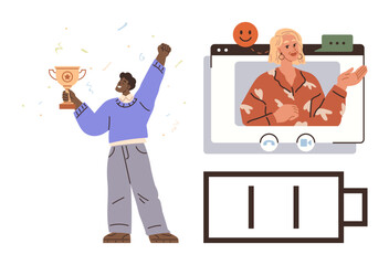 Person holding trophy celebrates achievement, video call screen shows support from mentor, low battery symbol highlights effort. Ideal for teamwork, motivation, personal growth, mentorship, virtual
