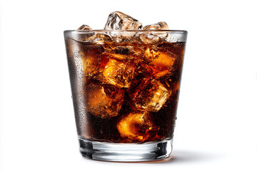 Glass of refreshing drink with ice for commercial advertisement isolated on white background, Selective focus glass of cola pouring with ice cube on white background.