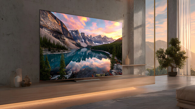 Large screen television displaying mountain lake landscape