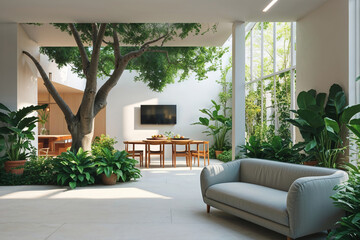 Fototapeta premium Modern living space with lush greenery and natural light indoor garden living room
