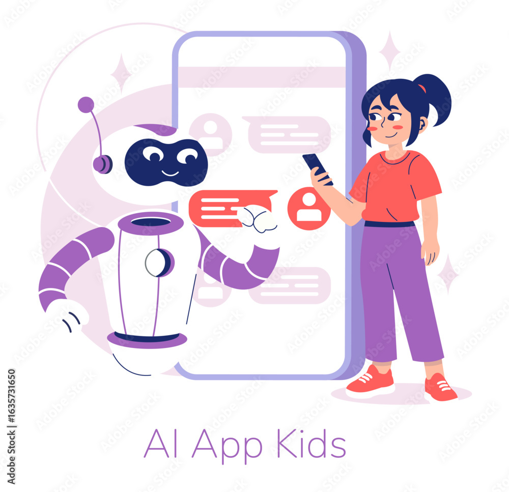 Poster child engaged with ai robot in learning app vector