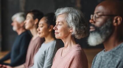 Group of individuals practicing mindfulness meditation in a serene environment promoting mental well-being and inner peace through deep relaxation techniques