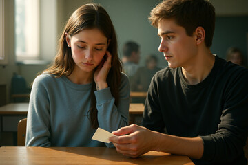 Young man hands note to embarrassed girl in classroom