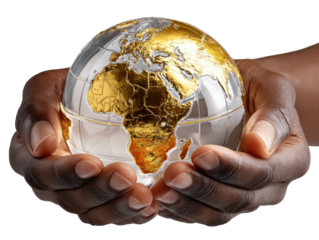 Holding The World: A pair of hands cradles a shimmering golden globe, a visual metaphor for stewardship, global awareness, and the interconnectedness of humanity. Capturing themes of responsibility.