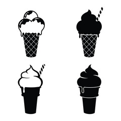 Four Ice Cream Cone Silhouettes with Different Flavors and Toppings in Black and White