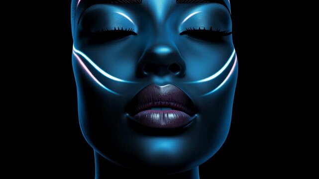 A futuristic portrait of a woman with closed eyes and glowing neon lines on her face. Aesthetic of synthetic beauty and digital future.