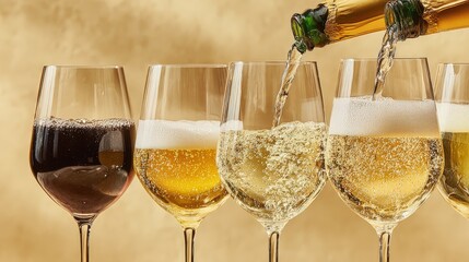 Flute and tulip glasses filled with prosecco and pinot grigio in a bright setting