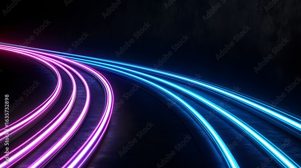 Poster the image shows a dark, textured surface with glowing neon lines in shades of pink and blue, forming