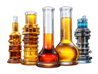 Laboratory Vessels: An array of transparent glass flasks, filled with vibrant, varied chemical solutions, showcases the beauty of scientific investigation.