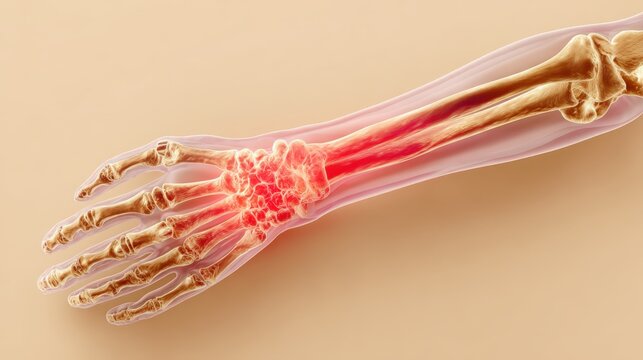 Lateral view of human forearm with chronic osteomyelitis highlighted in red