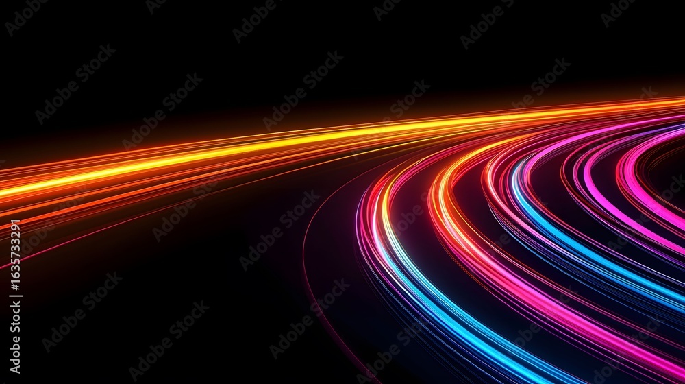 Poster the image showcases vibrant, multicolored light streaks against a stark black background, creating a