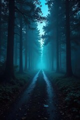Obraz premium A dimly lit, eerie forest path at night, shrouded in mist and shadows, creates a chilling and suspenseful atmosphere Ideal for horror, thriller, mystery, and fantasy projects , dark, mist