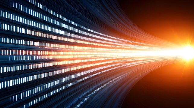 The image displays an abstract design of converging light beams shifting from cool blue to a vibrant orange with a bright light source at the vanishing point.