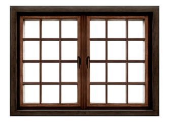 A detailed, digital rendering of a rustic, wooden double-hung window.?Dark brown wood frames a divided window with multiple panes