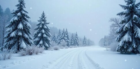 Obraz premium A picturesque winter scene featuring a heavy snowfall blanketing a frosty landscape The air is crisp and cold, creating a serene and peaceful atmosphere Perfect for winter themes , rime, woodland
