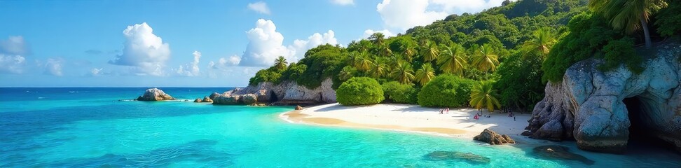 Obraz premium A secluded tropical island paradise, boasting pristine white sand beaches, turquoise waters, lush green vegetation, and dramatic cliffs Perfect for escape and relaxation , nature, idyllic, green