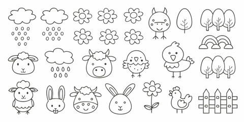 Cute farm animals and nature elements doodle collection