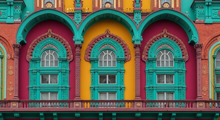 Ornate building facade with colorful arches and detailed window frames