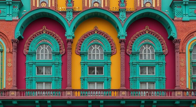 Ornate building facade with colorful arches and detailed window frames - Powered by Adobe