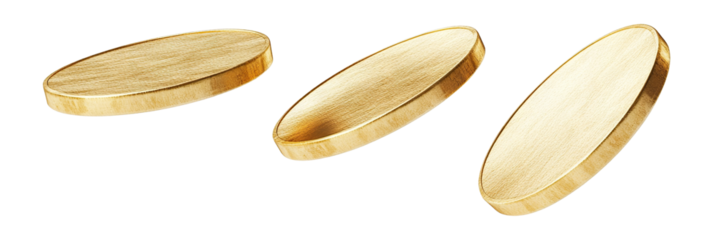 Three golden coins spinning in air, isolated on transparent cutout background