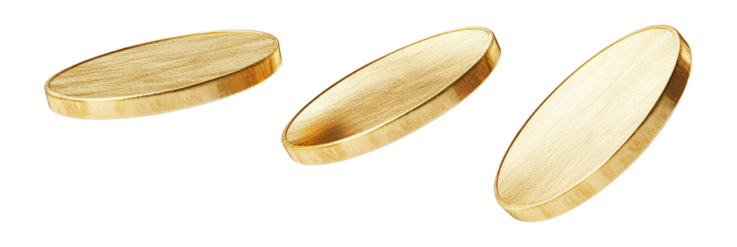 Three golden coins spinning in air, isolated on transparent cutout background