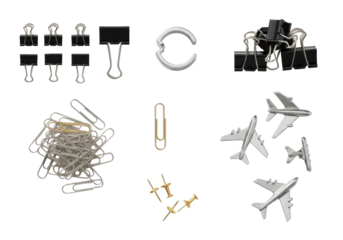 Diverse office stationery including black binder clips, metal clamp, silver & golden paper clips, and thumbtacks, arranged in a flat lay on a transparent background with soft shadows and copy space,