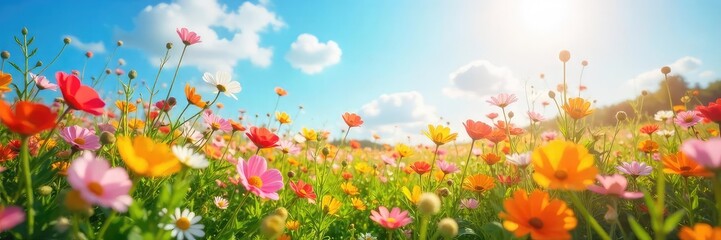 A vibrant field of wildflowers explodes with color under a bright spring sky, signifying freedom and joy Perfect for themes of renewal, optimism, and carefree living , beautiful, light, peaceful