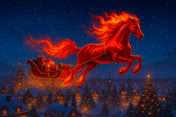 Fiery Red Horse Flying Above Christmas Town with Sleigh Full of Gifts and Glowing Night Sky