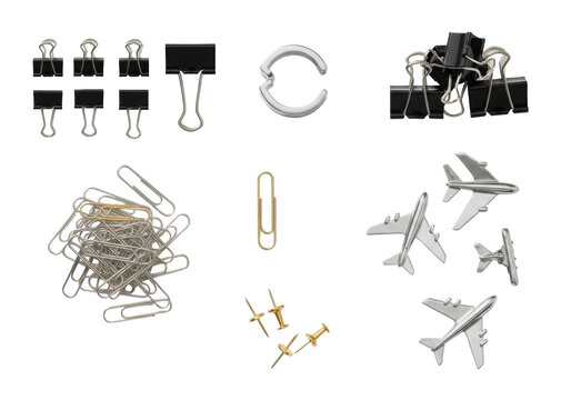 Diverse office stationery including black binder clips, metal clamp, silver & golden paper clips, and thumbtacks, arranged in a flat lay on a transparent background with soft shadows and copy space,
