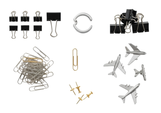 Diverse office stationery including black binder clips, metal clamp, silver & golden paper clips, and thumbtacks, arranged in a flat lay on a transparent background with soft shadows and copy space,