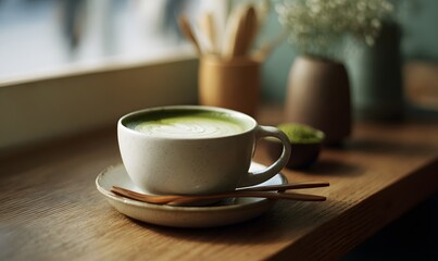 Fototapeta premium a matcha latte at a cozy morning cafe