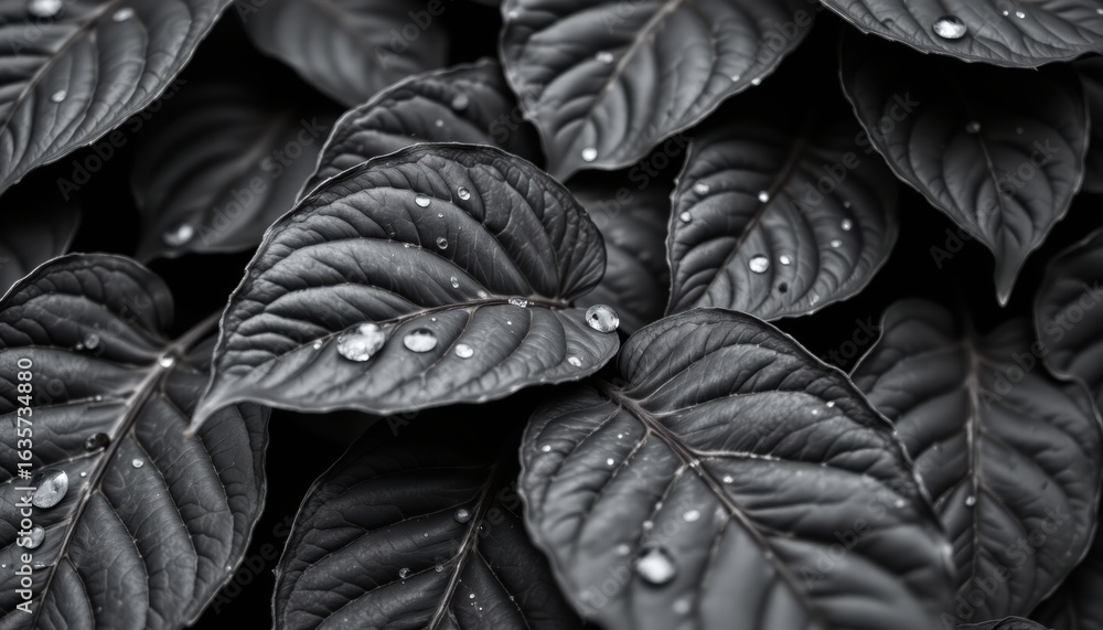 Poster close-up of dark leaves with water droplets in a natural setting highlighting vivid textures and int