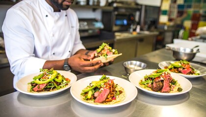Chef preparing and arranging gourmet tacos on plates