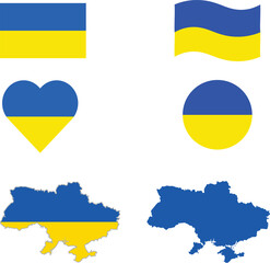 Ukraine flag and map set. Ukraine flag in official colours and proportions. independence day 24 august, map, circle and heart shaped Ukraine.