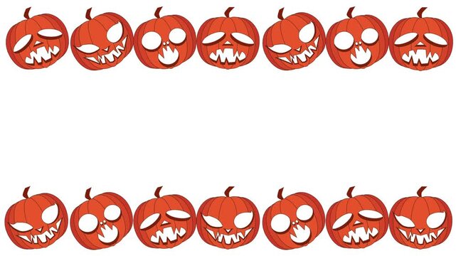 animation of a spooky pumpkin face frame swaying on a horizontal white screen with blank area for text or title about halloween