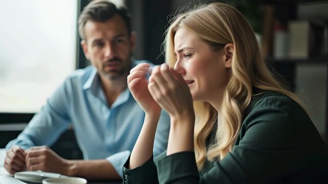 Upset Woman Crying at Work Office, Emotional Workplace Woman with Tears, Stressed Woman Employee Being Comforted by Concerned Male Colleague in Professional Business Environment
